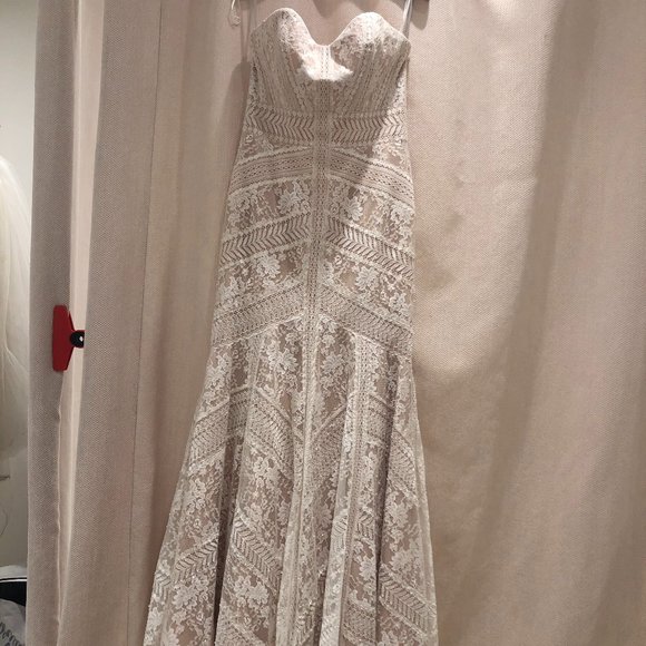 ivory/almond, ivory lace, sequins throughout dress, strapless - Picture 1 of 5